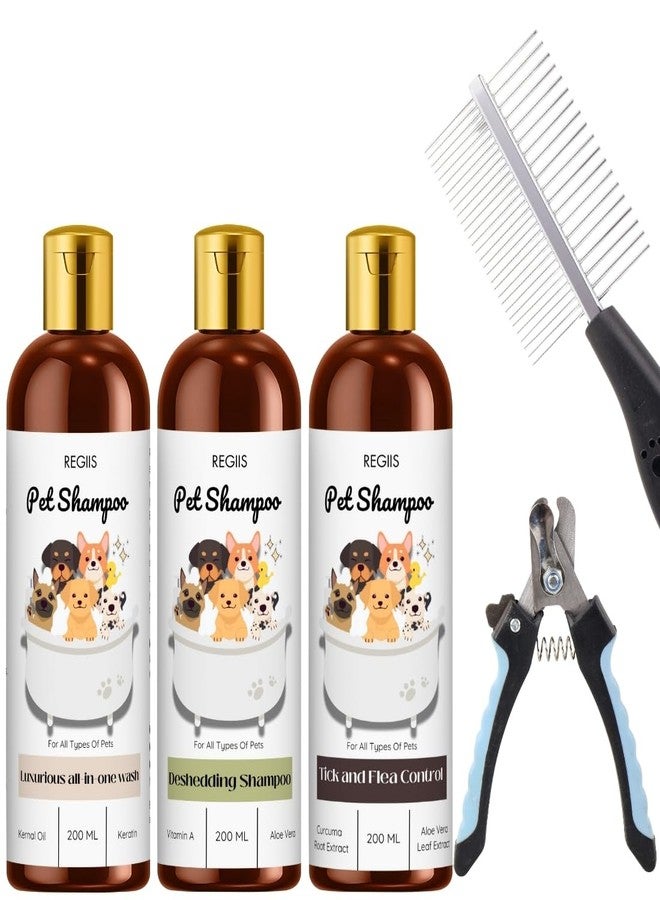 مجموعة شامبو الحيوانات الأليفة من ريجيس مع مزيل الشعر، ومكافحة القراد، وغسول شامل، 200 مل، عبوة من 3 قطع مع مشط تصفيف احترافي (عبوة من 5 قطع) - Image 1